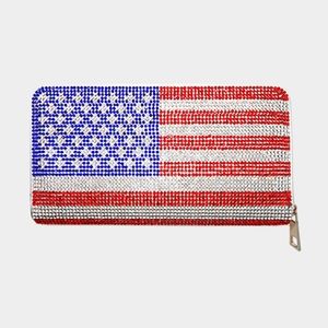 Red Silver Blue USA American Flag Stripe Crystal Rhinestone Zipper Wallet Clutch